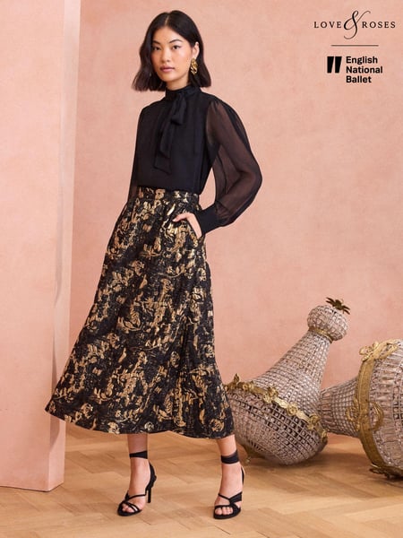 Love & Roses Gold Feather Jacquard Midi Skirt (E13576) | € 64