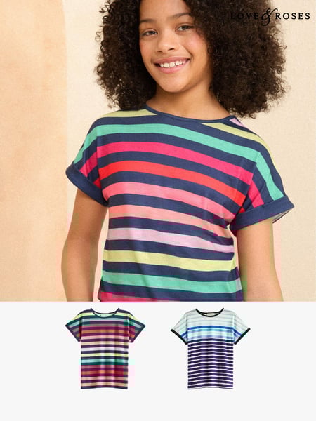 Love & Roses Blue Ombre/ Rainbow Stripe 2 Pack Crew Neck Jersey T-Shirt (5-16yrs) (E13793) | € 14 - € 26