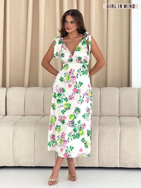 Girl In Mind White Floral Beverly  Ditsy Tie Shoulder Midi Dress (E13802) | € 30