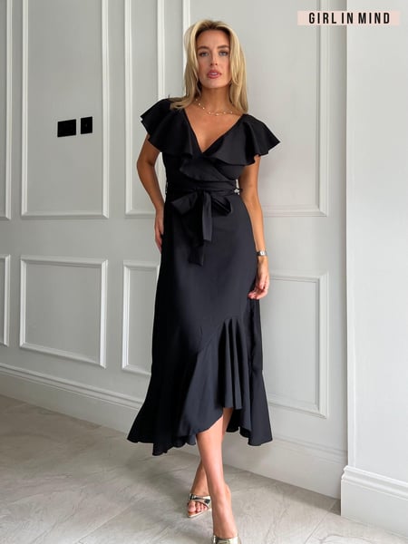 Girl In Mind Black Daphne Black Wrap Frill Detailed Midi Dress (E13805) | € 33