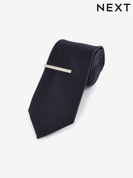 Dark Blue Textured Tie And Clip Set (E13946) | € 10