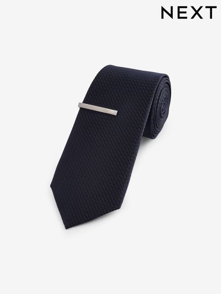Dark Blue Slim Textured Tie And Clip Set (E13949) | € 10