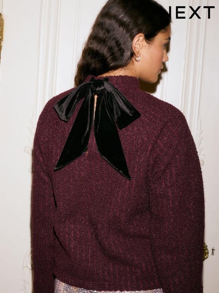 Burgundy Red Cosy Dropped Shoulder Velvet Bow Tie Back Crew Neck Jumper (E13997) | € 57