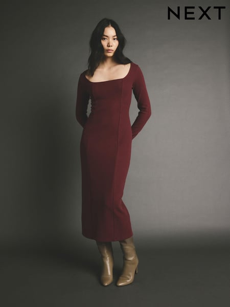 Burgundy Red Cosy Soft Touch Midi Length Long Sleeve Dress (E14008) | € 27