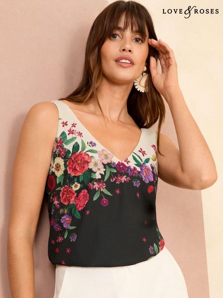 Love & Roses Black Floral V Neck V Back Woven Vest (E14115) | € 12