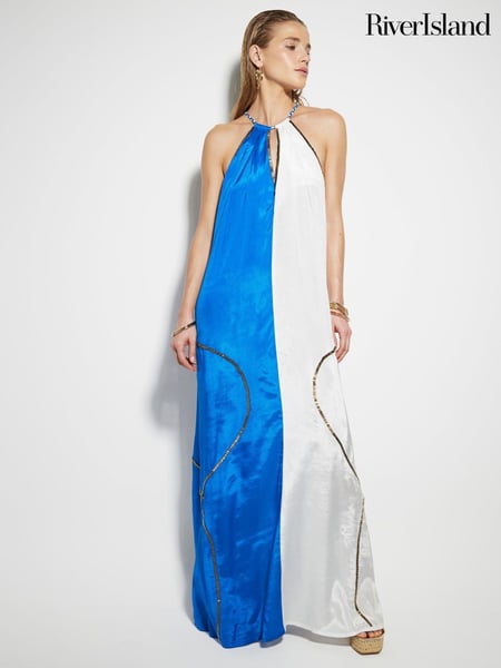 River Island Blue Colour Block Halter Neck Maxi Dress (E14194) | € 37