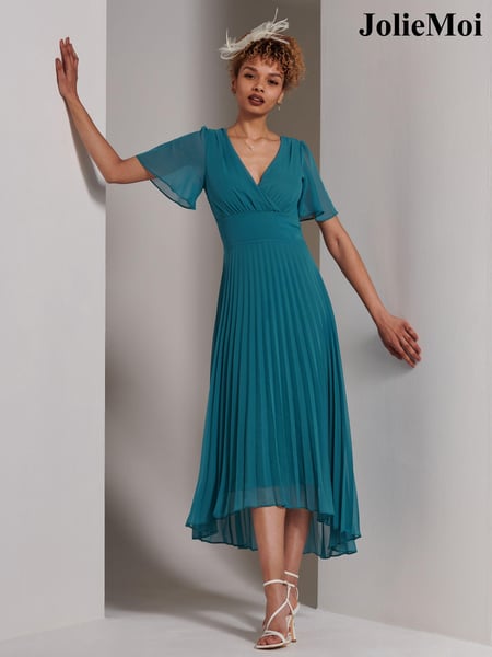 Jolie Moi Teal Blue Elene Pleated High Low Chiffon Maxi Dress (E15396) | € 117