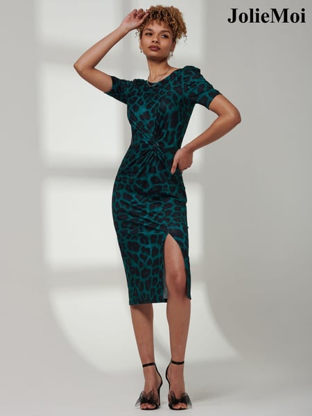 Jolie Moi Green Ray Ruched Waist Bodycon Midi Dress (E15397) | € 38