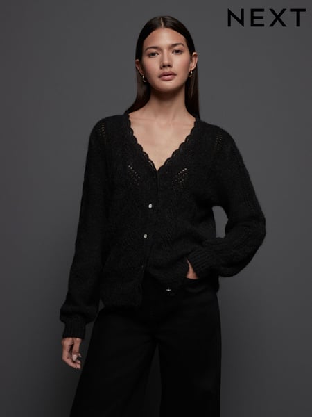 Black Gem Button Textured Lace Knitted Cardigan with Wool (E15635) | € 12