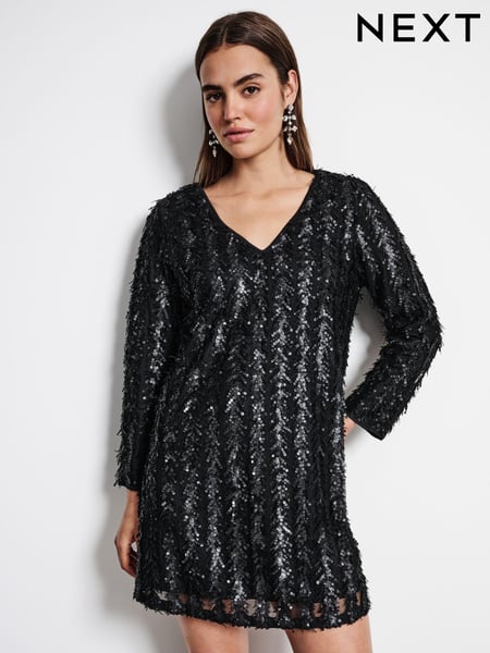 Black Long Sleeve V-Neck Fringe Sequin Mini Dress (E16148) | € 40