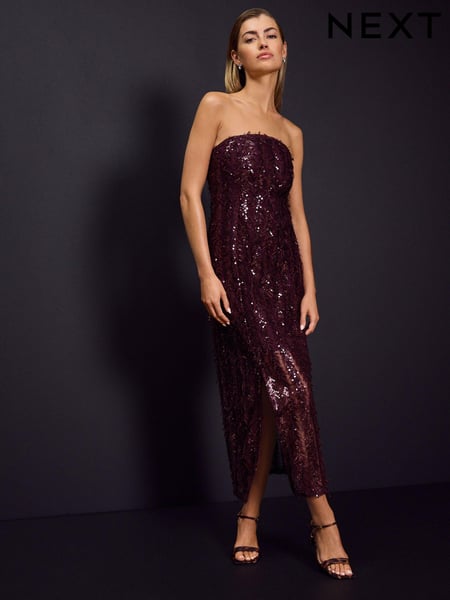 Burgundy Red Feather Sequin Bandeau Maxi Dress (E16151) | € 21