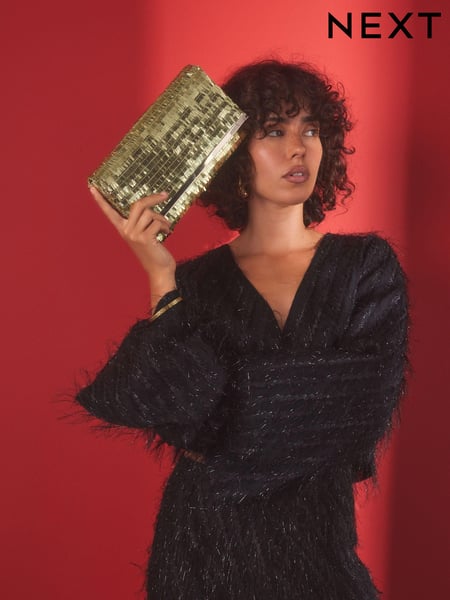 Gold Sequin Clutch Bag With Detachable Cross-Body Chain (E16175) | € 24