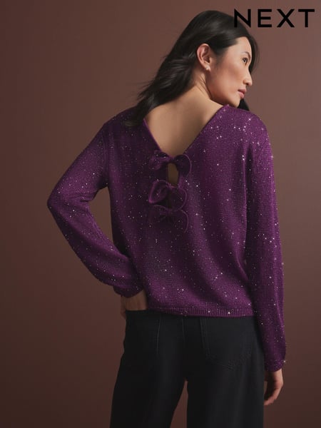Red Burgundy Berry Sequin Embellished Sparkle Bow Back Knitted Jumper (E16236) | € 29