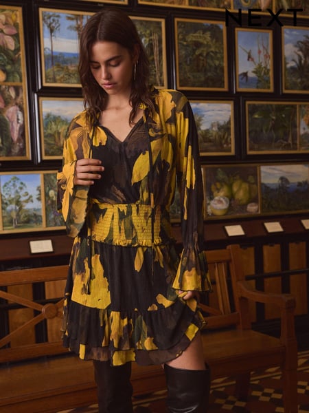Yellow/Black Floral Kew Collection Floral Mesh Mini Dress (E16378) | € 57