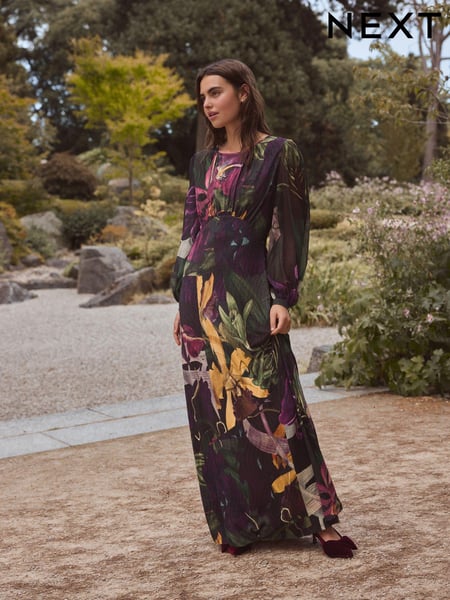 Black Floral Print Kew Collection Long Sleeve Maxi Dress (E16385) | € 57