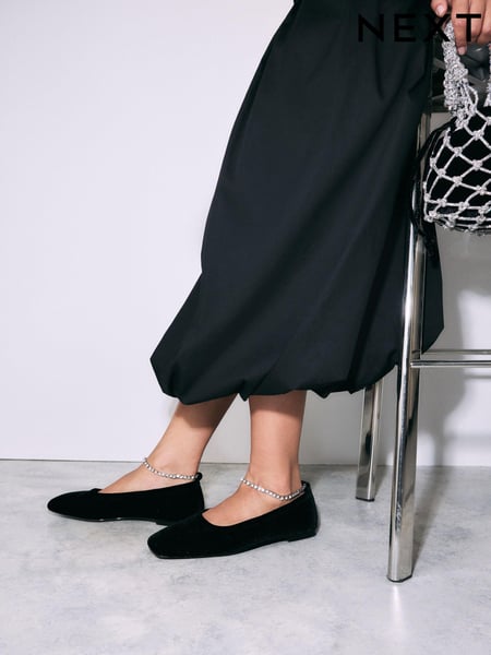 Black Forever Comfort® Jewel Ankle Strap Square Toe Ballet Shoes (E16493) | € 30