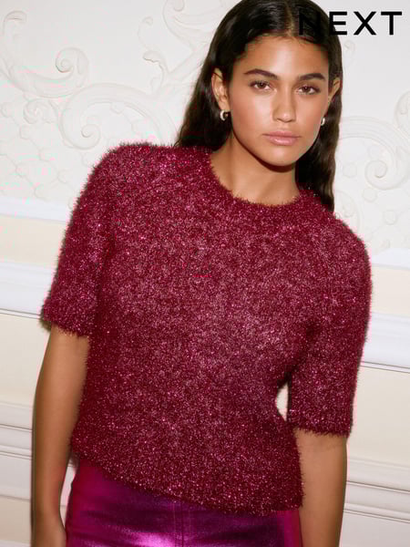 Pink Sparkle Tinsel Short Sleeve Knitted T-Shirt Jumper (E16909) | € 29