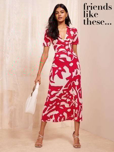 Friends Like These Red Short Sleeve Wrap Style Midi Dress With Collar (E17469) | € 31