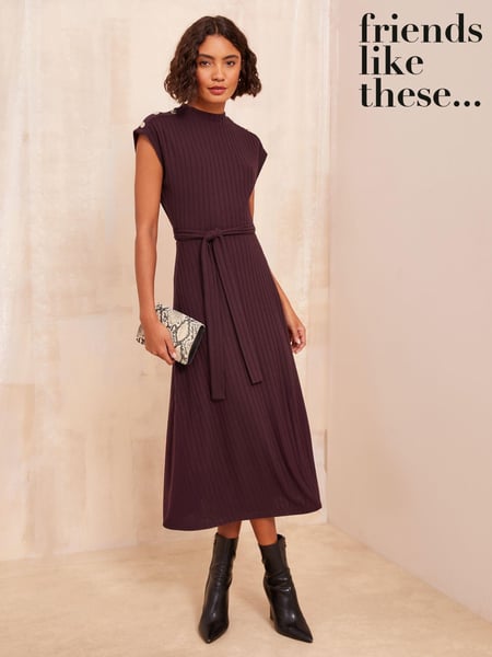 Friends Like These Red Button Shoulder Rib Midi Dress With Tie Belt Detailing (E17472) | € 42