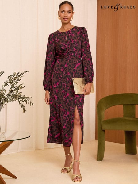 Love & Roses Brown Animal Printed Satin Twist Long Sleeve Midi Dress (E17965) | € 45
