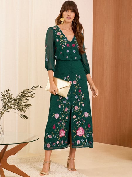 V&A | Love & Roses Dark Green Embroidered Scallop Neck Dobby Midi Dress (E17966) | € 61