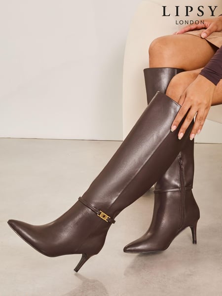 Lipsy Chocolate Brown Straight Leg Faux Leather Long Knee High Boots (E18332) | € 70