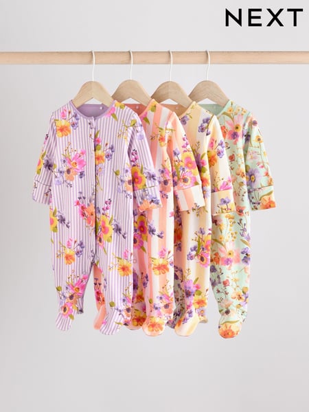 Yellow Floral Baby 100% Cotton Sleepsuits 4 Pack (0-2yrs) (E18344) | € 35 - € 38