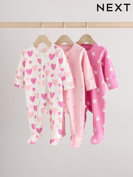Pink Baby Pink Heart Printed 100% Cotton Sleepsuit 3 Pack (0mths-2yrs) (0mths-2yrs) (E18351) | € 24 - € 27