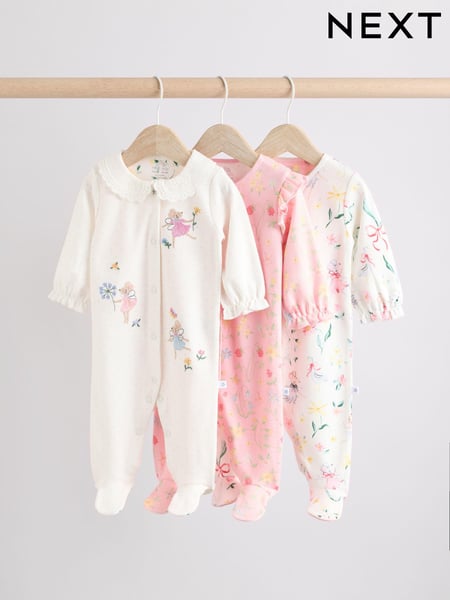 Pink Baby Frill Printed 100% Cotton Sleepsuits 3 Pack (0-2yrs) (E18356) | € 28 - € 31
