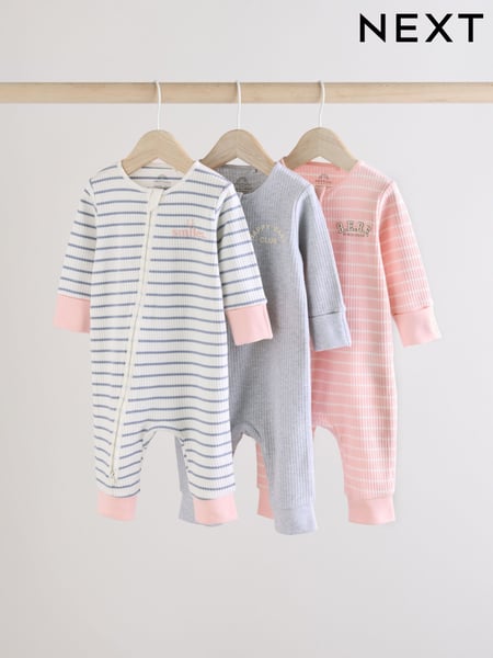 Pink/Grey 3 Pack Baby Slogan 100% Cotton Sleepsuits (0mths-3yrs) (0mths-3yrs) (E18357) | € 28 - € 31