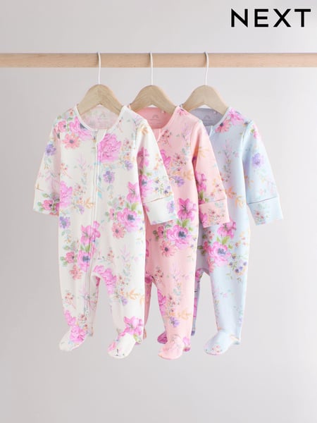 Pink Floral Baby 100% Cotton Sleepsuits 3 Pack (0mths-2yrs) (E18358) | € 27 - € 30