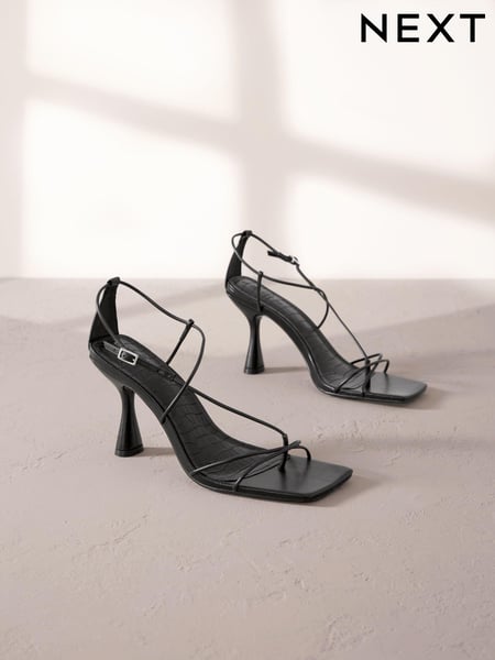 Black Premium Square Toe Leather Strappy Heels (E18400) | € 21