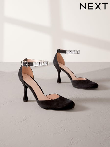 Black Premium Leather Jewel Strap Round Toe Heels (E18537) | € 56
