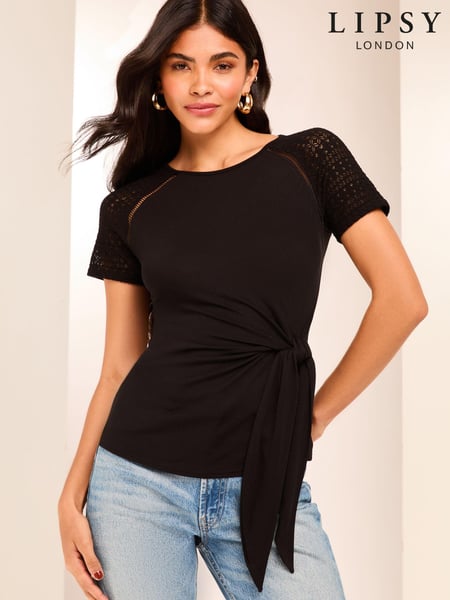 Lipsy Black Tie Side T-Shirt With Crochet Trim (E19032) | € 17