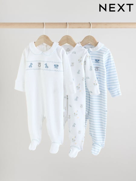 Blue/White Baby Embroidered Sleepsuits 3 Pack (0-2yrs) (E19565) | € 28 - € 31