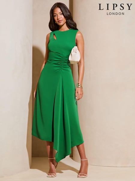 Lipsy Green Sleeveless Ruched Front Asymmetricalmetrical Midi Dress (E19657) | € 63