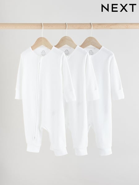 White Baby Two Way Zip Footless 100% Cotton Sleepsuits 3 Pack (0mths-2yrs) (E19697) | € 20 - € 23