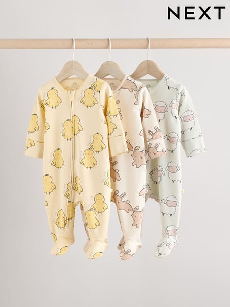 Yellow Baby Spring Two Way Zip 100% Cotton Sleepsuits 3 Pack (0mths-2yrs) (E19704) | € 27 - € 30