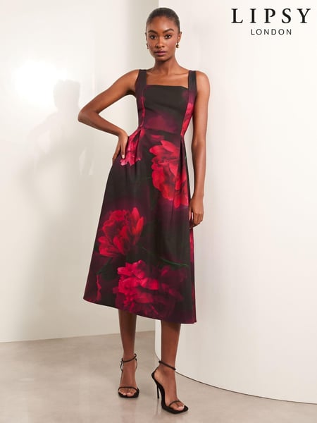 Lipsy Red Floral Petite Square Neck Prom Skater Midi Dress (E19741) | € 65