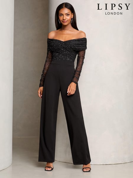 Lipsy Black Bardot Glitter Mesh Jumpsuit (E19743) | € 64