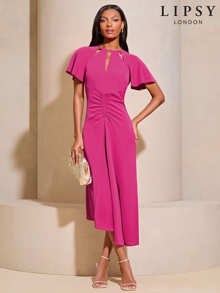 Lipsy Pink Ruched Front Keyhole Cut Out Asymmetrical Midi Dress (E19805) | € 52