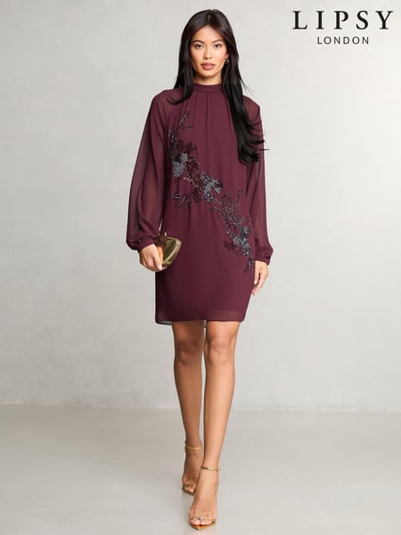 Lipsy Red Long Sleeve Hand Embellished Artwork Mini Shift Dress (E19813) | € 71