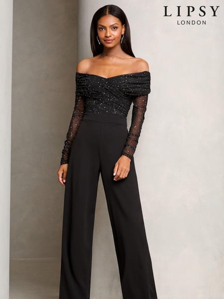 Lipsy Black Petite Bardot Glitter Mesh Jumpsuit (E19817) | € 89