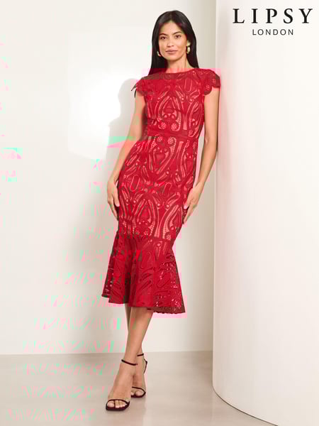 Lipsy Red Premium Lace Cap Sleeve Peplum Midi Dress (E19823) | € 99