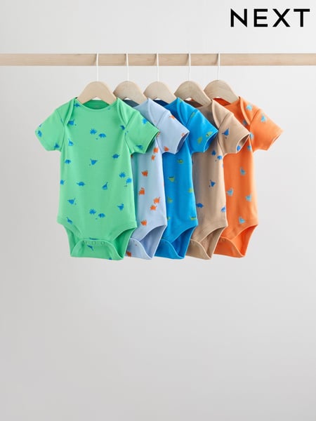 Blue/Green/Red Dinosaur Print Short Sleeve Baby Bodysuits 5 Pack (E19890) | € 24 - € 27