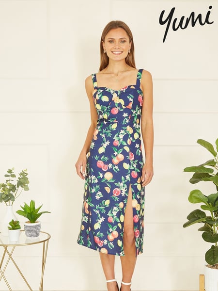 Yumi Blue Fruit Print Strappy Sundress With Front Split (E21150) | € 86