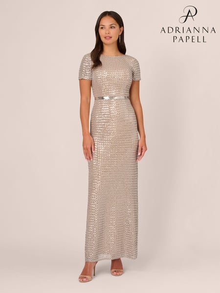 Adrianna Papell Silver Column Sequin Gown (E21291) | € 310