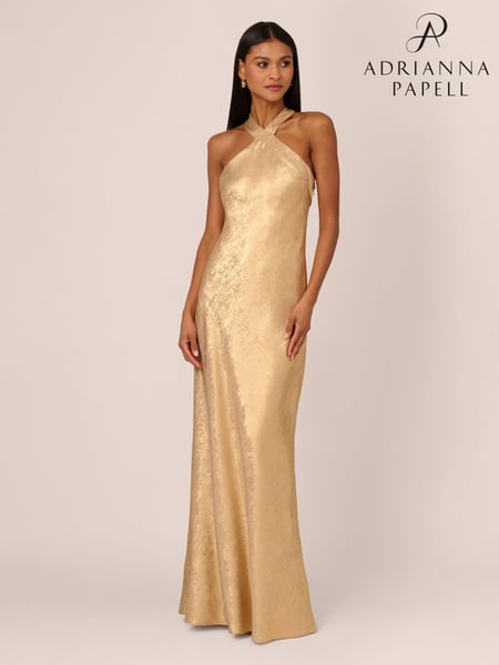Adrianna Papell Gold Foiled Woven Halter Gown (E21300) | € 468