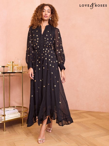 Love & Roses Black Sequin Polka Dot V Neck Midi Dress (E21775) | € 56