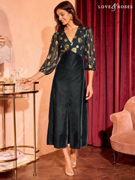 Love & Roses Green Polka Dot Metallic Bird V Neck Puff Sleeve Midi Dress (E22196) | € 53